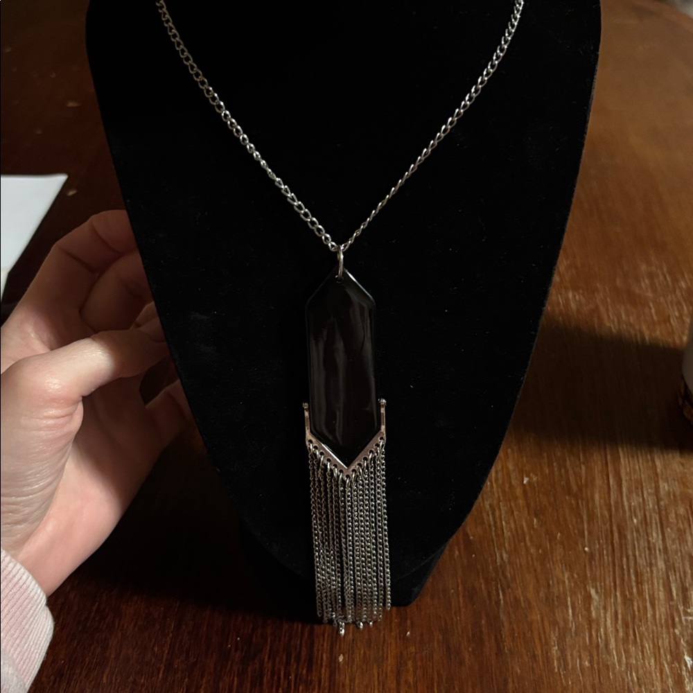 Vintage Pendant Necklace Black With Silver Tone Chain And Tassels